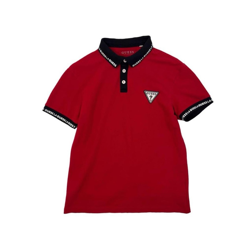 Guess Red Embroidered Logo Short Sleeve Polo w Black Contrast Trim & Collar S